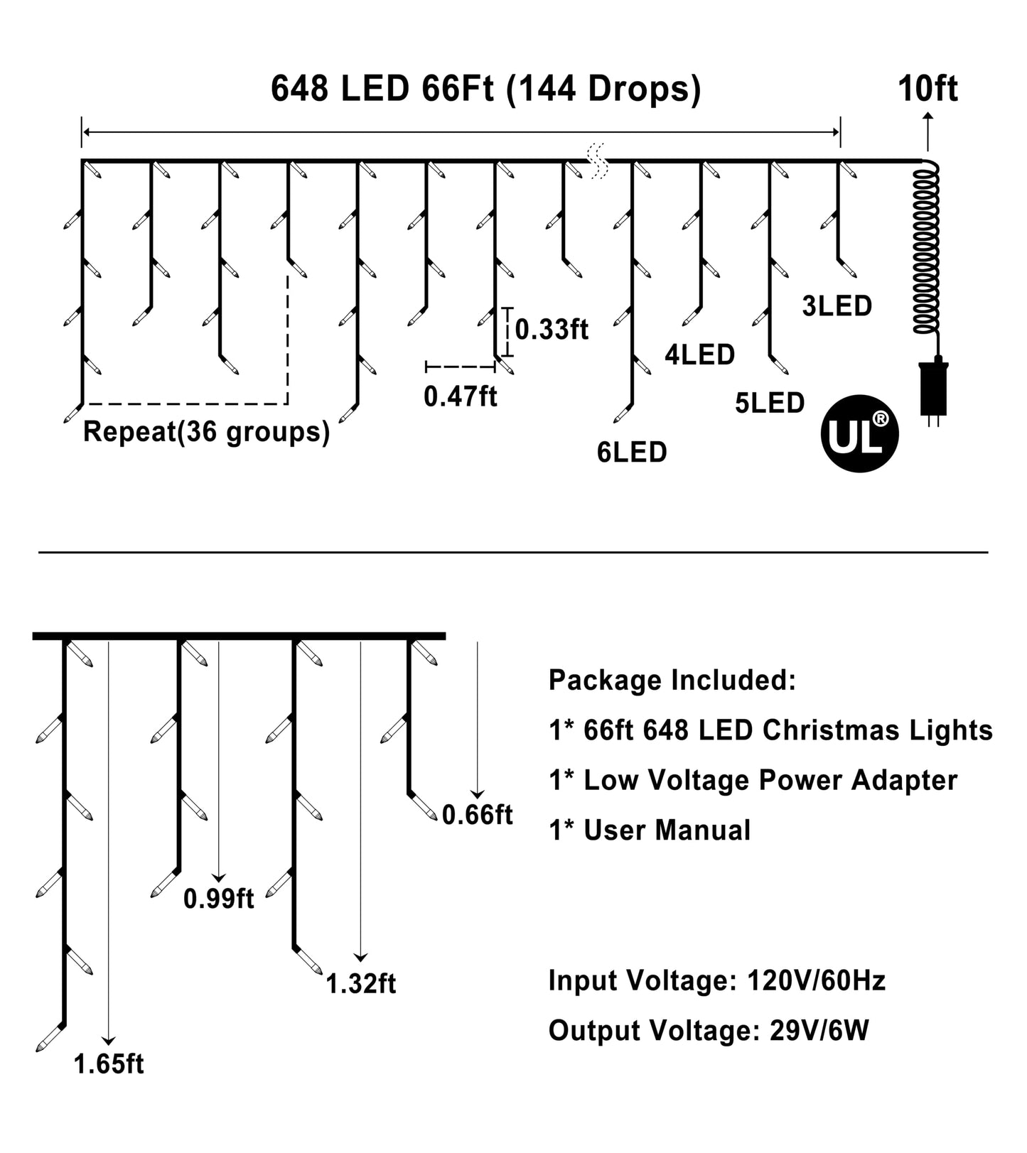 648 LED 66FT Christmas Lights 144 Drops, Outdoor Hanging lights with 8 Modes & Timer, Plug in Curtain String Lights Outdoor Waterproof for Holiday Wedding Party Home Garden Tree Outside Decor (Blue)