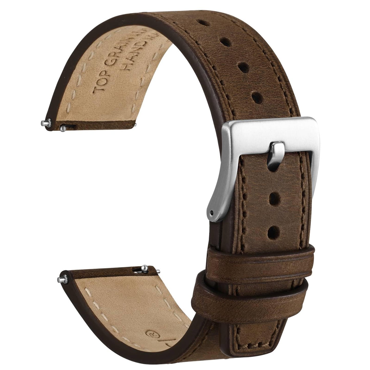 WOCCI 20mm Elite Watch Band, Top Grain Leather, Quick Release, Silver Buckle (Dark Brown)