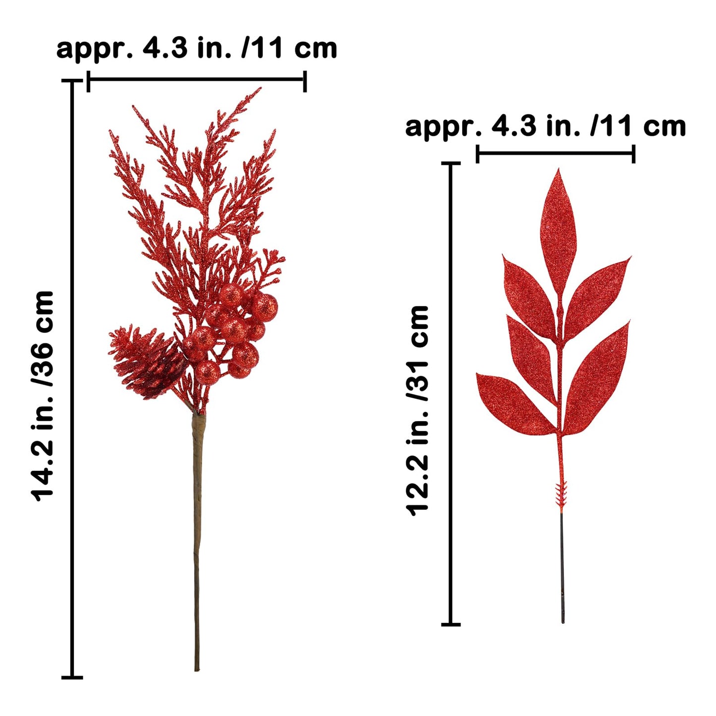 Winlyn 24 Pcs Christmas Artificial Leaf Sprays Pine Needles Pinecone Berries Stems Red Glittered Christmas Decoration Picks 12.2"- 14.2" Tall for Red Christmas Tree Wreaths Seasonal Floral Arrangement