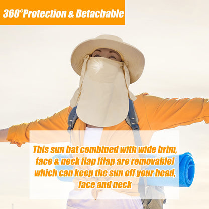Fishing Hat for Men & Women, Outdoor UV Sun Protection Wide Brim Hat with Face Cover & Neck Flap (Beige)