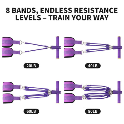 Pedal Resistance Band with Handle - 8-Tube Adjustable (20-80LBS) for Full Body Workout, Home Gym, Yoga & Strength Training Non-Slip Grips & Foot Pedal (Purple)
