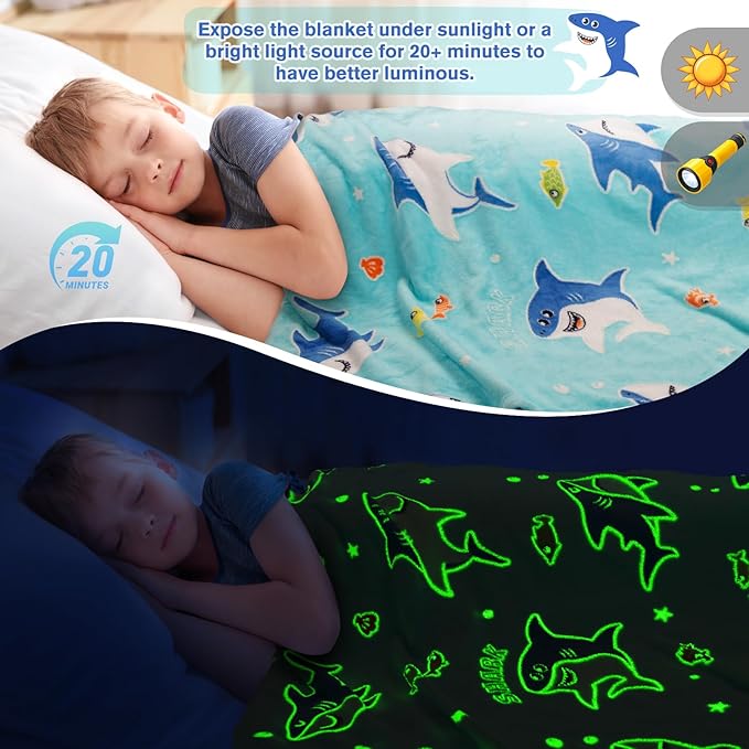 Shark Gifts for Boys Girls - Glow in The Dark Ocean Animal Blanket for Kids Grandkids Age 1-14 Years Old Child Toddler Best Birthday Valentines Easter Christmas Party Presents Soft Cozy Throw 50"x60"
