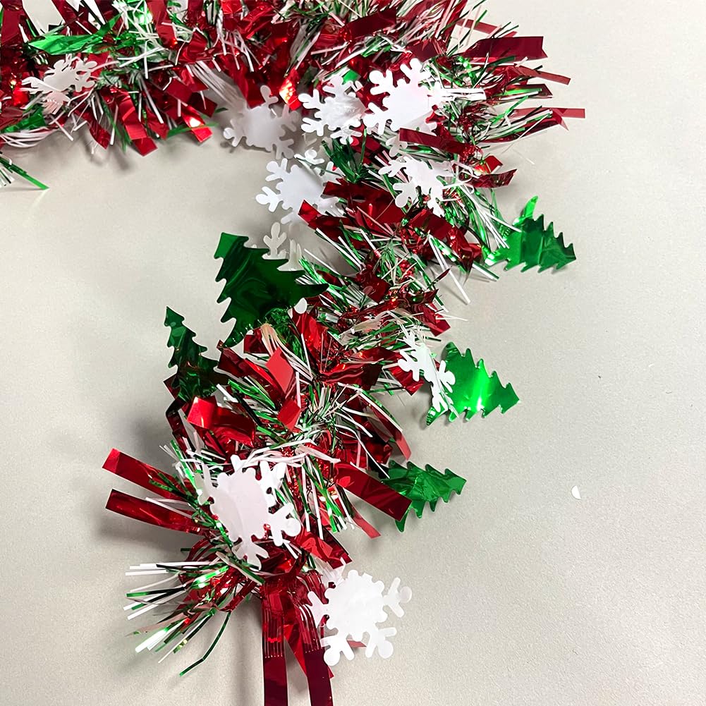 66 Ft Christmas Tinsel Garland Shiny Thick Red & Green with Tree and Snowflake Design Xmas Tree Metallic Twist Hanging Foil Garland for Christmas Birthday Holiday Indoor Outdoor Party Decor