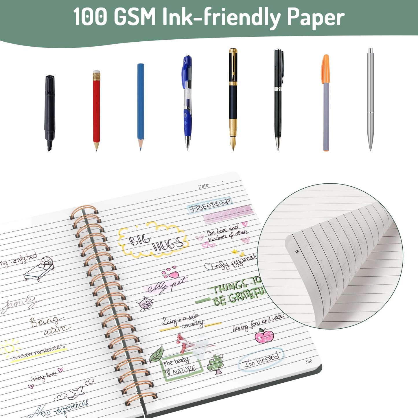 Forvencer Lined Spiral Journal Notebook with 300 Numbered Pages, B5 College Ruled Thick Journals for Writing with 100GSM Paper, Hardcover Notebooks with Contents for Work, School, Women, Men, Dark
