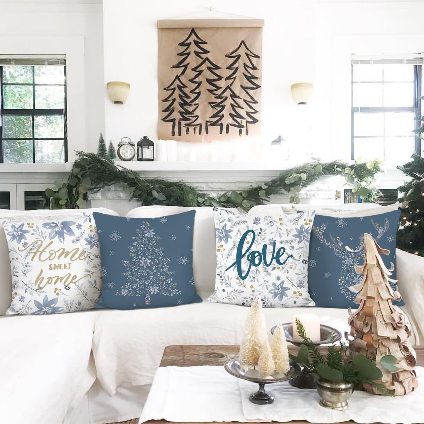 Bonhause Winter Throw Pillow Covers 18 x 18 Inch Home Sweet Home Snowflake Xmas Tree Deer Blue Grey Christmas Decorations Pillows for Sofa Couch Winter Decor Set of 4