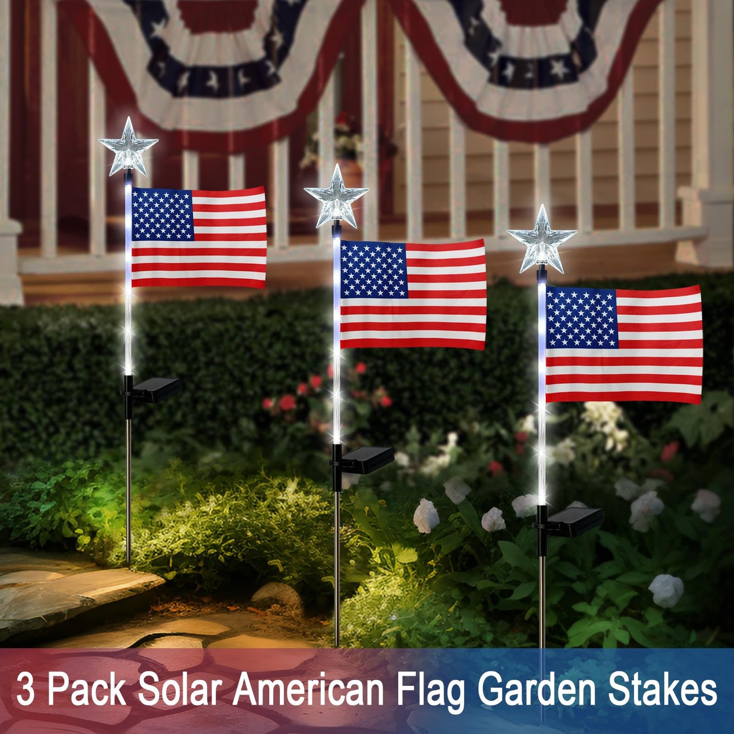 4th of July Decorations Outdoor,3 Pack American Flag for Outside Garden Stakes,Patriotic Solar Lights Outdoor Pathway,Yard,Lawn,National Day