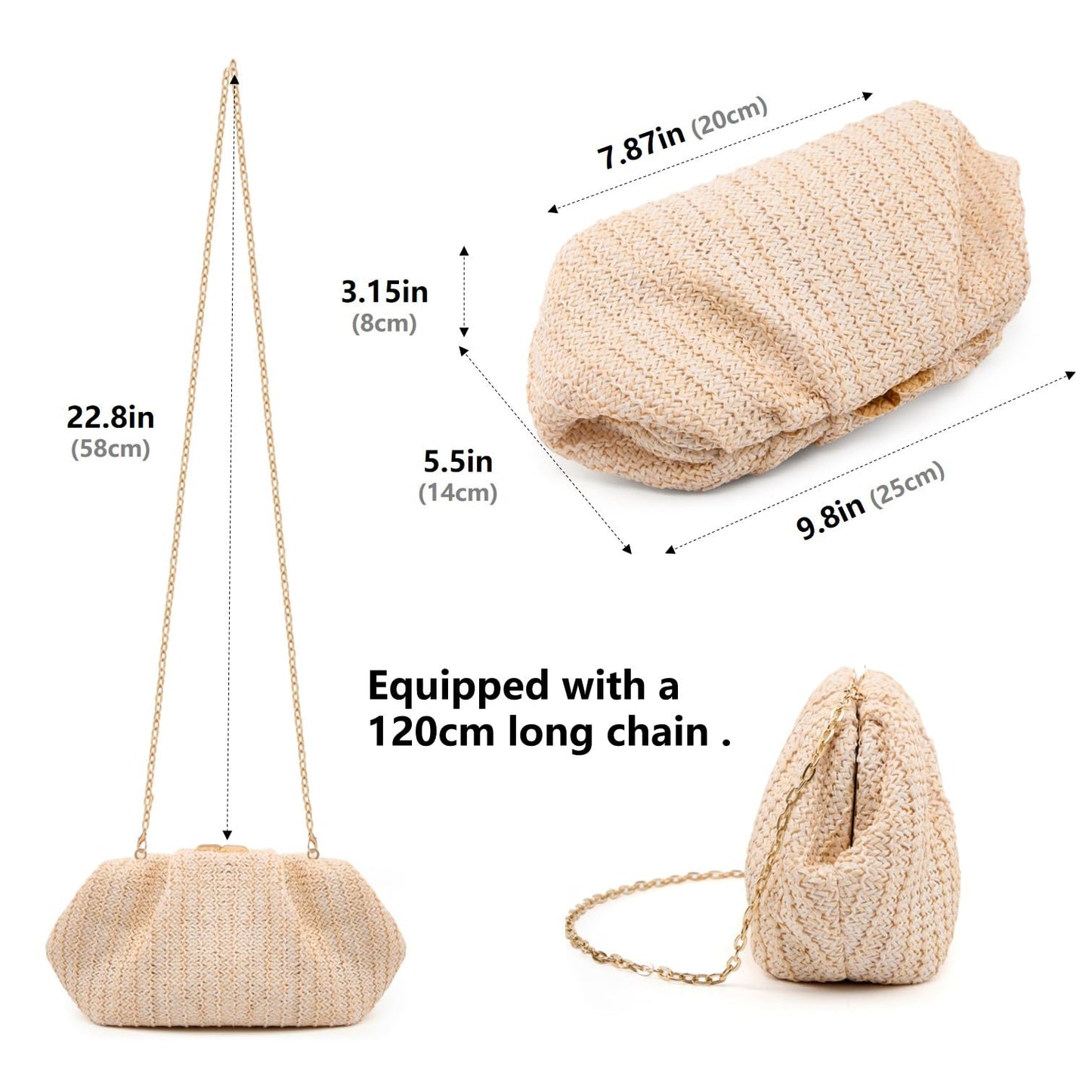 Gurina Pleated PU Straw Clutch Purse for Women Formal - Evening Bag with Detachable Chain for Weddings, Proms (JBB Beige)