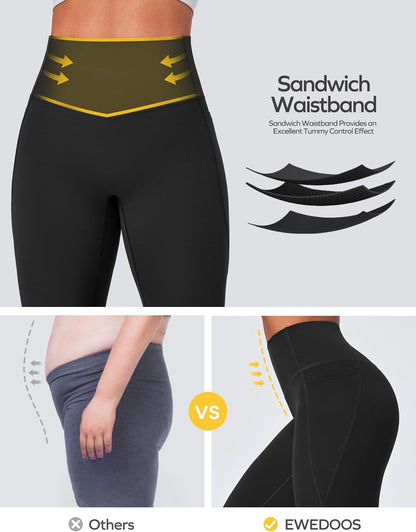 Ewedoos Compression Leggings with Pockets for Women Tummy Control Leggings No Front Seam Workout High Waisted Yoga Pants Gym