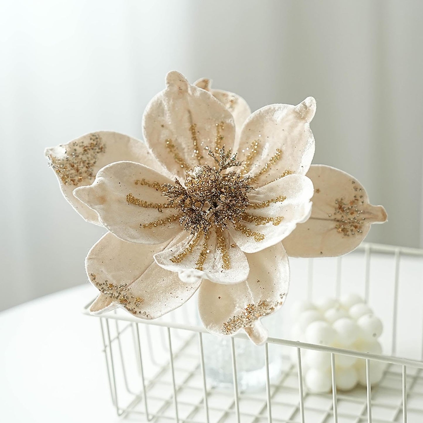 JOYO Christmas Glitter Magnolia Flowers, 10'' Poinsettia for Tree, Easy to Hang Artificial Picks (Cream, 6Pcs)