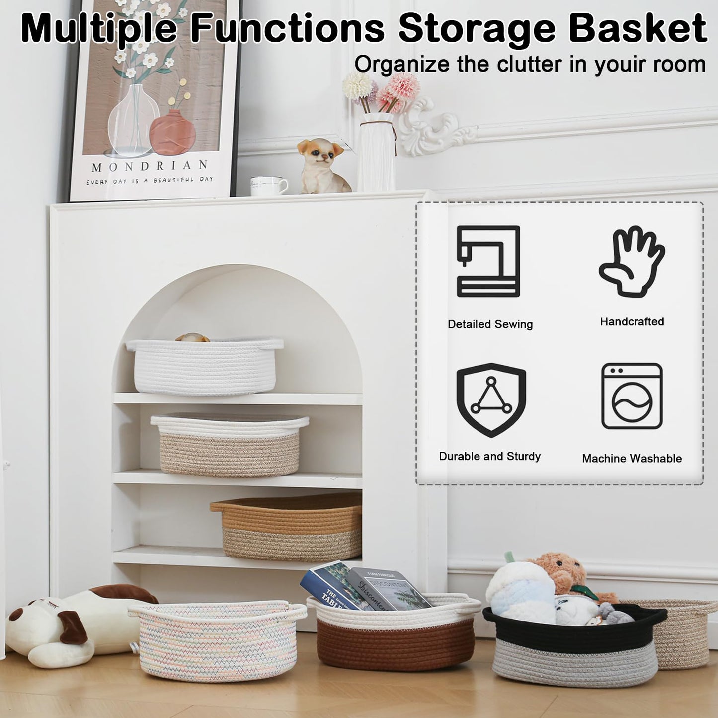 HZFTJOY 2 Pack Small Woven Rope Basket-Empty Gifts Basket with Bag and Ribbons,Cute Handle Organizer Box for Birthday/Baby Shower, Toy Storage, Nursery Organizing & Shelf Decor(White)