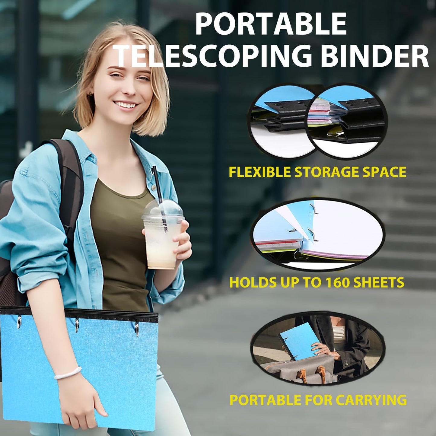 MAKHISTORY Telescoping 3 Ring Binder-4PCS, Flexible Binder with Elastic Rubble Spine+3 Round Rings, Flat Writing Binder, 4 Bright Colors