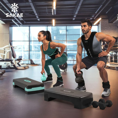 Black Exercise Step Platform Set with Kettlebell & Measuring Tape, Adjustable Height 2 Level Risers Workout Step Trainer, Aerobic Steppers for Home Gym Exercise Fitness Workout