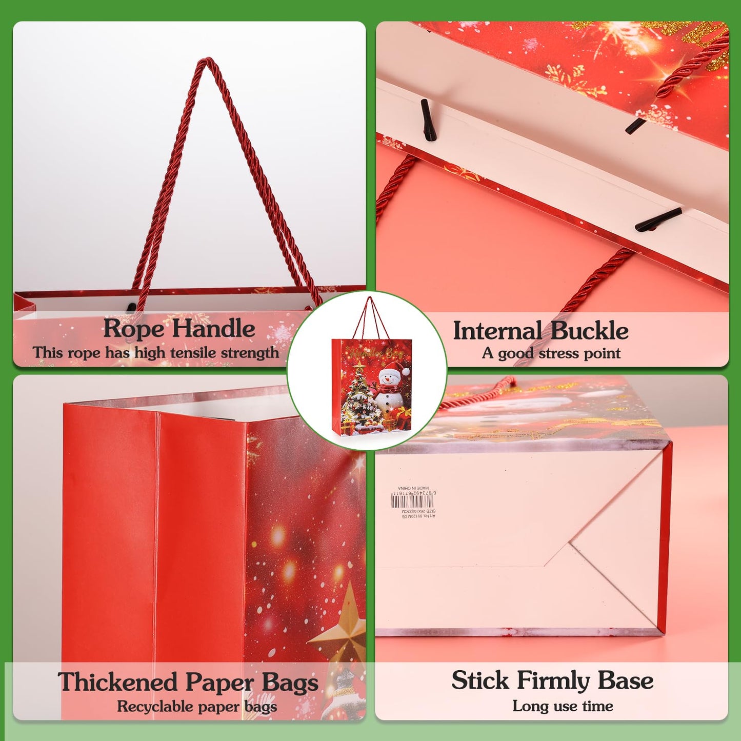 Rusikia 12 Christmas Gift Bags with 12 Tissues and 1 Satin Ribbon - Medium
