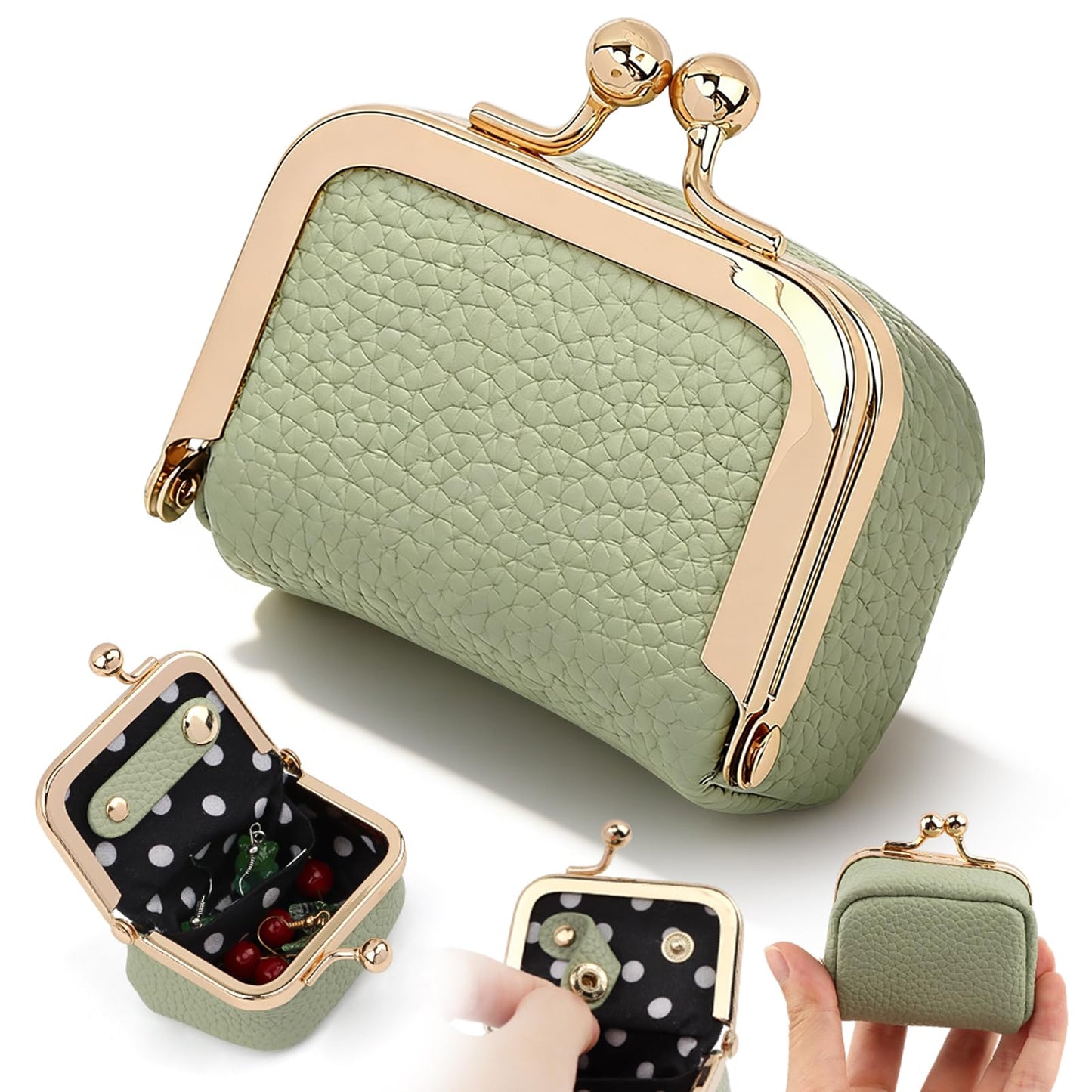 Genuine Leather Mini Jewelry Box with Kiss Lock, Portable Travel Jewelry Case Coin Purse for for Rings, Earrings, Pendants, Necklaces, Small Organizer Box for Girls Women(Green)