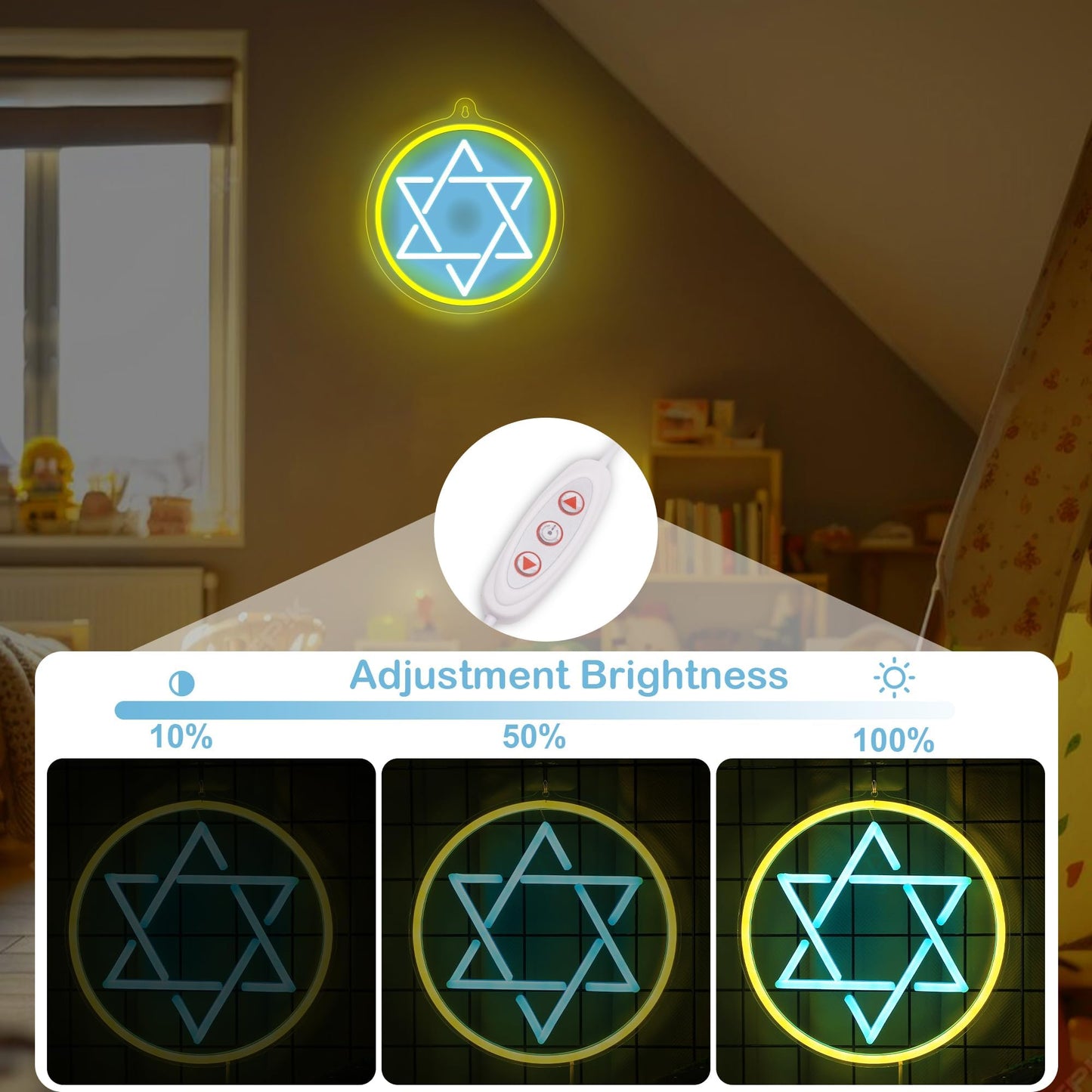 Attivolife Jewish Star Neon Sign, Star of David Hanukkah Decoration for Wall, Chanukah LED Lamp USB Power, Family Guardian Birthday Gifts for Women, Housewarming Gifts