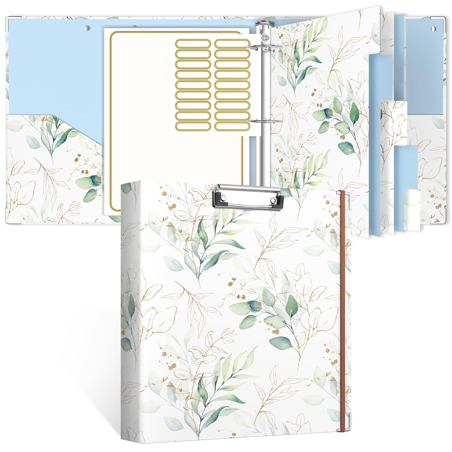 Rouidr 3 Ring Binder, 2 Inch Round Ring Binder Organizer with Clipboard, 5 Dividers Tabs, A4 8.5 x 11 Inch Paper & Clear Sleeves for School, Office Supplies, Leaves