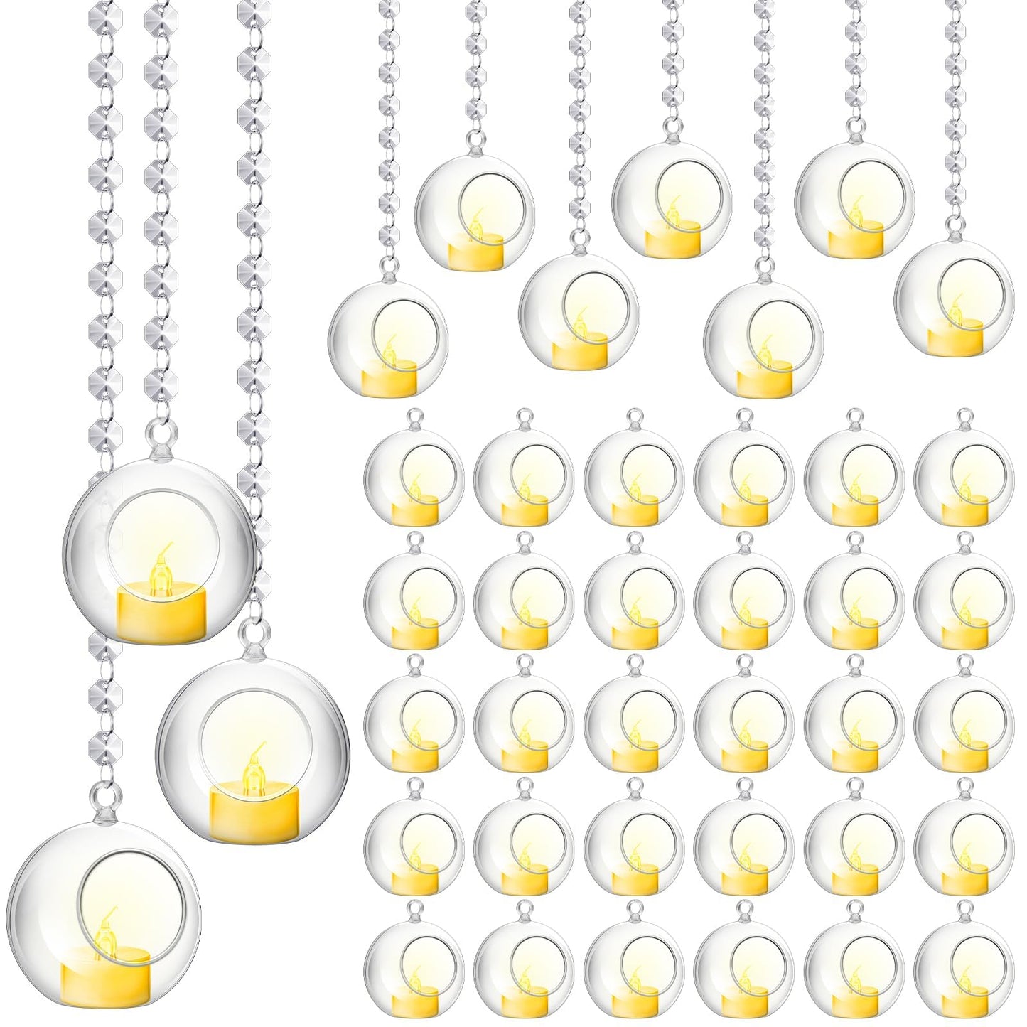 Booson 100 Pcs Hanging Candle Holder Glass Globes Orbs with Crystal Acrylic Gems Bead Garland Tea Lights Candles Holder for Wedding Party Tree Decor