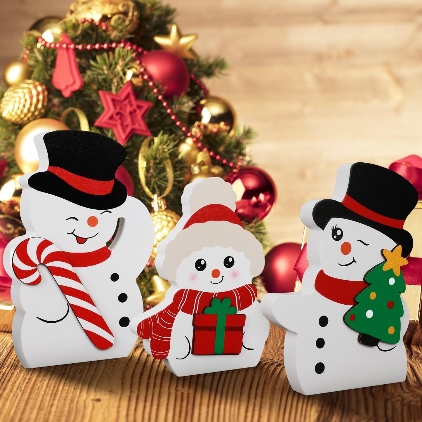 COCHIE Snowman Christmas Decorations Indoor, Cute Winter Tiered Tray Decor Set of 3, Wooden Snowman Blocks Xmas Table Decoration for Party Home Office Shelf Door (Peppermint Candy Canes)