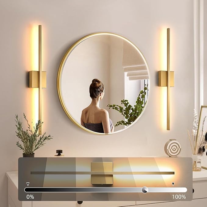 Wall Sconces Set of Two, LED Dimmable Sconces Wall Lighting, Brushed Gold Modern Wall Sconce Light for Bathroom, Living Room, Bedroom, Hardwi