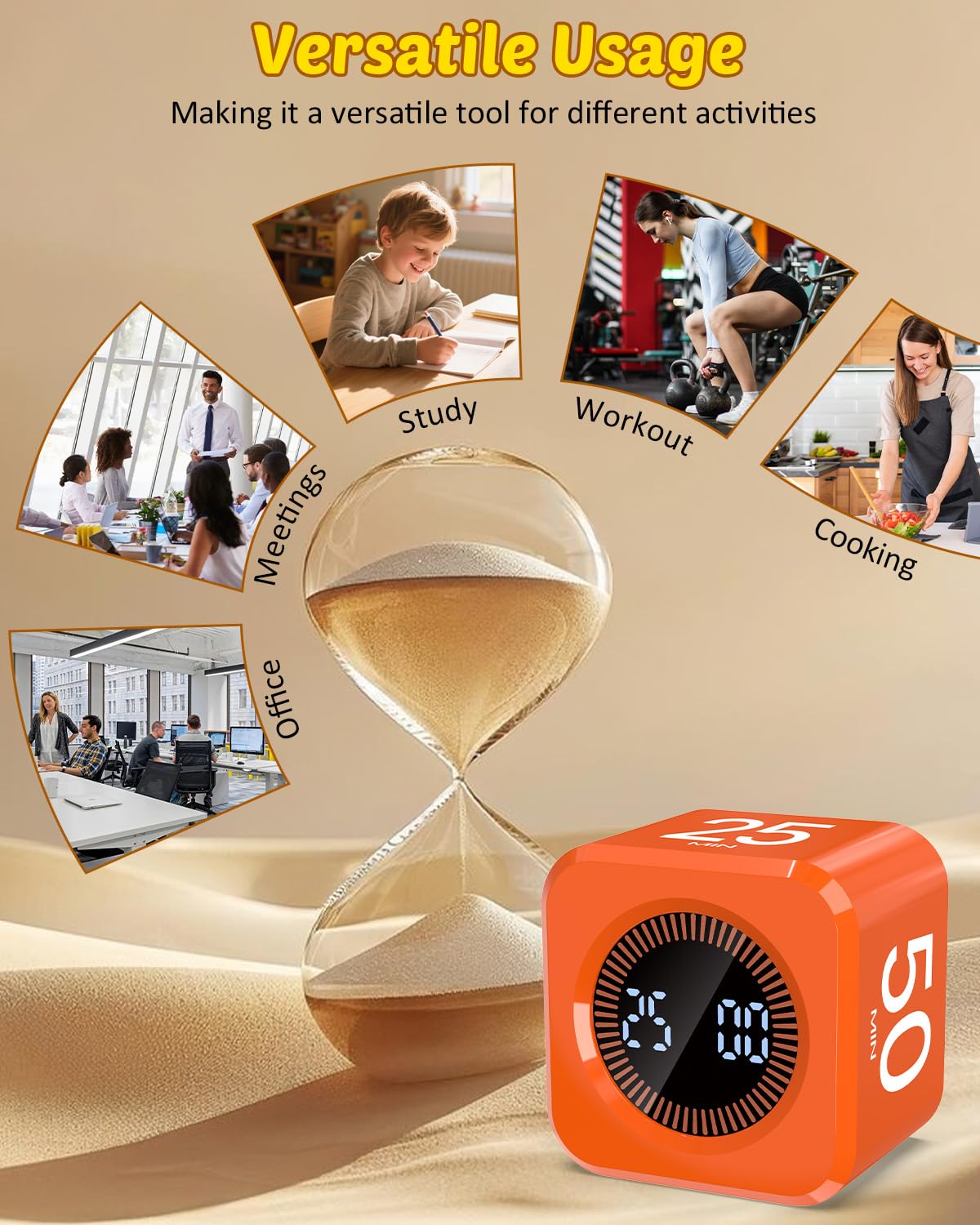 COWVTUJ Digital Pomodoro Timer Cube 5/10/25/50min, Visual Productivity Flip Timer for Kids Classroom Desk, Custom Countdown, Silent and Sound Mode for ADHD Study Work Game Kitchen (Orange)
