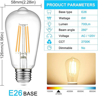 Ascher Vintage LED Edison Bulbs, 6W, Equivalent 60W, Non-Dimmable, Warm White 2700K, ST58 Antique LED Filament Bulbs with 80+ CRI, E26 Medium Base, Clear Glass, Pack of 8