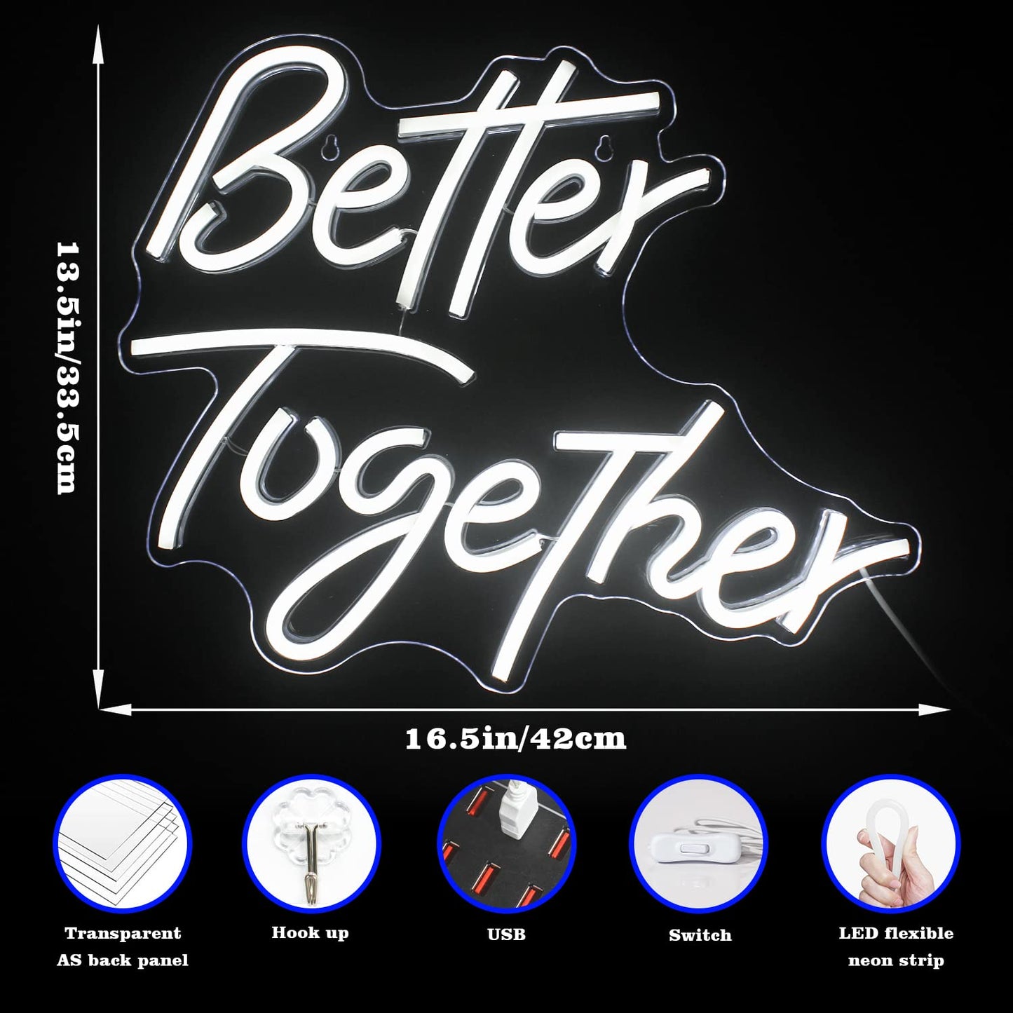 Looklight Better Together Neon Sign Led Lights Decor for Room Wedding White Neon Signs Letters Neon Light for Wall Decor Wedding Engagement Celebrate Party Connectivity