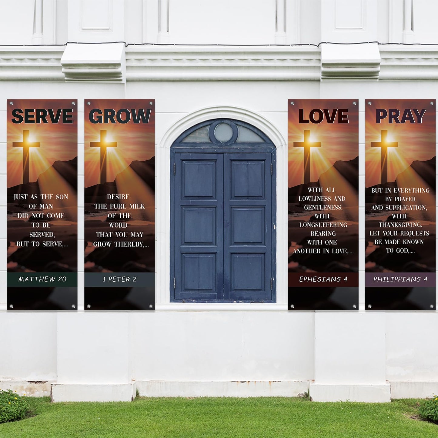 4Pcs Easter Church Banners for Sanctuary Wall Welcome Religious Banner Easter Serve Grow Love Pray Hanging Backdrop Cross Sunset Church Signs Scripture Bible Verse Banner for Christian School Decor