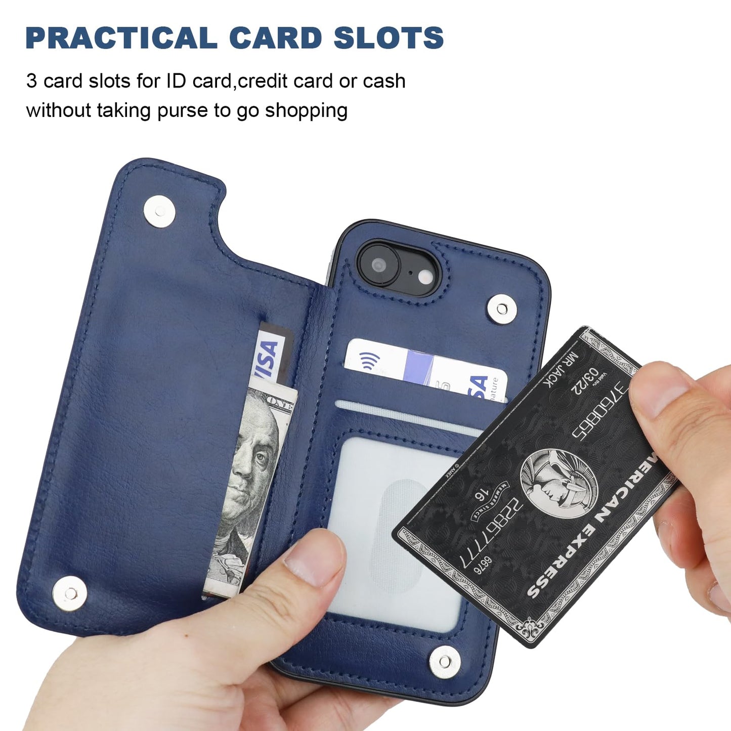 ONETOP Compatible with iPhone 17e/16e Wallet Case with Card Holder, PU Leather Kickstand Card Slots Case, Double Magnetic Clasp and Durable Shockproof Cover 6.1 Inch (Blue)