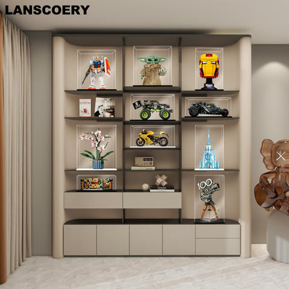 LANSCOERY Acrylic Display Case, 10x5x4 in, Upgraded Thickened UV-Resistant Showcase, 98% Clarity Dustproof Box with Glossy Black Base for Action Figures, LEGO & Models, Includes Scraper & LED Light