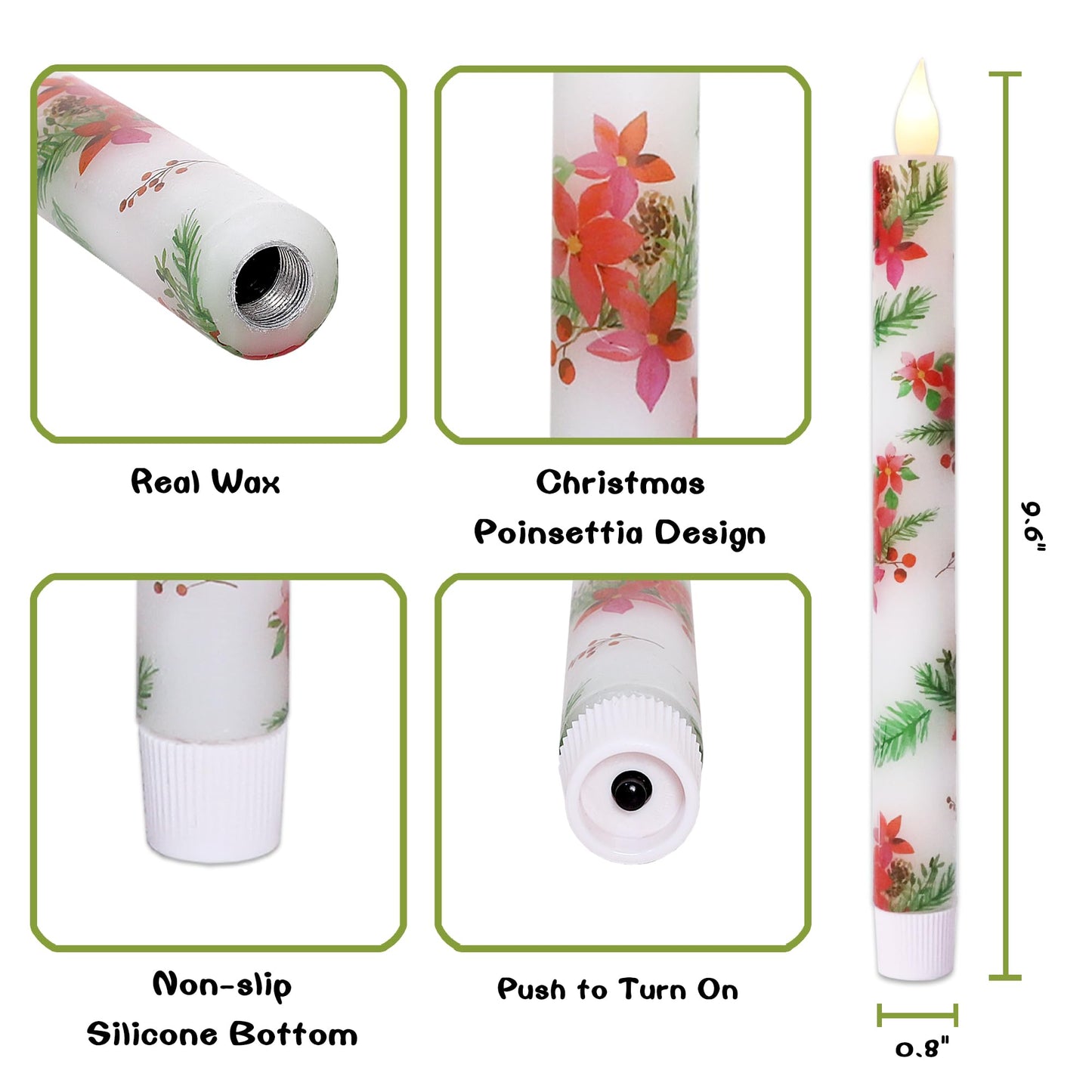 Holitown Christmas Flameless Taper Candles 2 Pack Christmas Poinsettia Flowers Battery Operated Candle with Remote Real Wax Flickering LED Fake Candle Home Decor for Xmas New Year Wedding Party