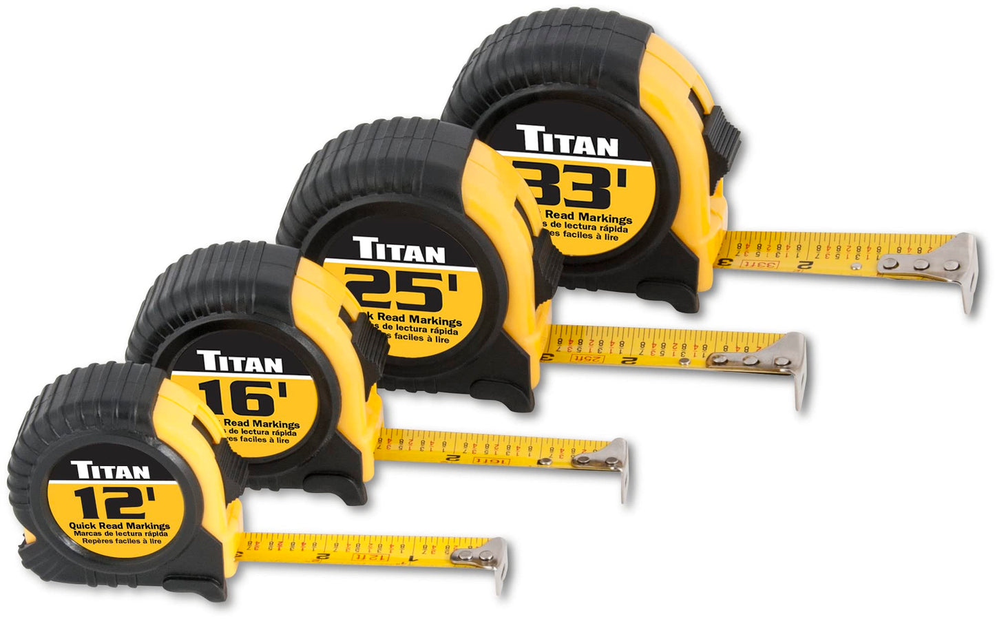 Titan 10902 Tape Measure with Easy-Read Standard Markings and Durable Case, 4-Piece Set, 12-Foot, 16-Foot, 25-Foot and 33-Foot