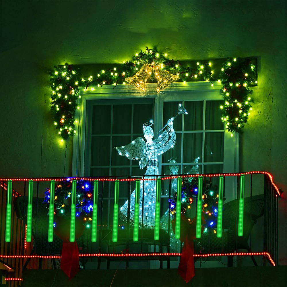 Kwaiffeo Green Christmas Lights, 24 Tubes Meteor Shower Lights(Equivalent to 3 Sets of 8-Tube) for Halloween Christmas Decorations Outdoor, Green Lights for Xmas St. Patrick's Day Party Tree, UL Plug