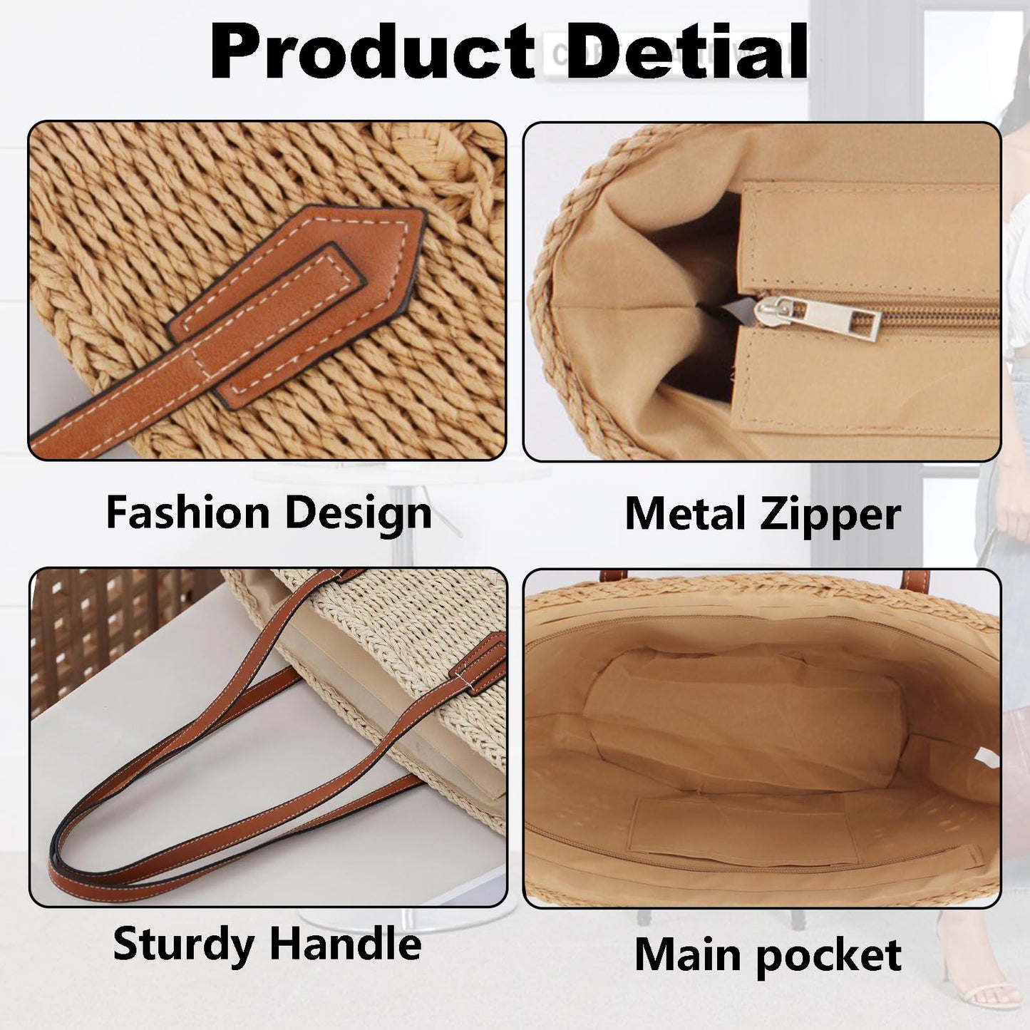 BVNTBZC Large Straw Shoulder Bag Women Woven Tote Travel Bag Top Handle Summer Beach Handbag Purse (Khaki)