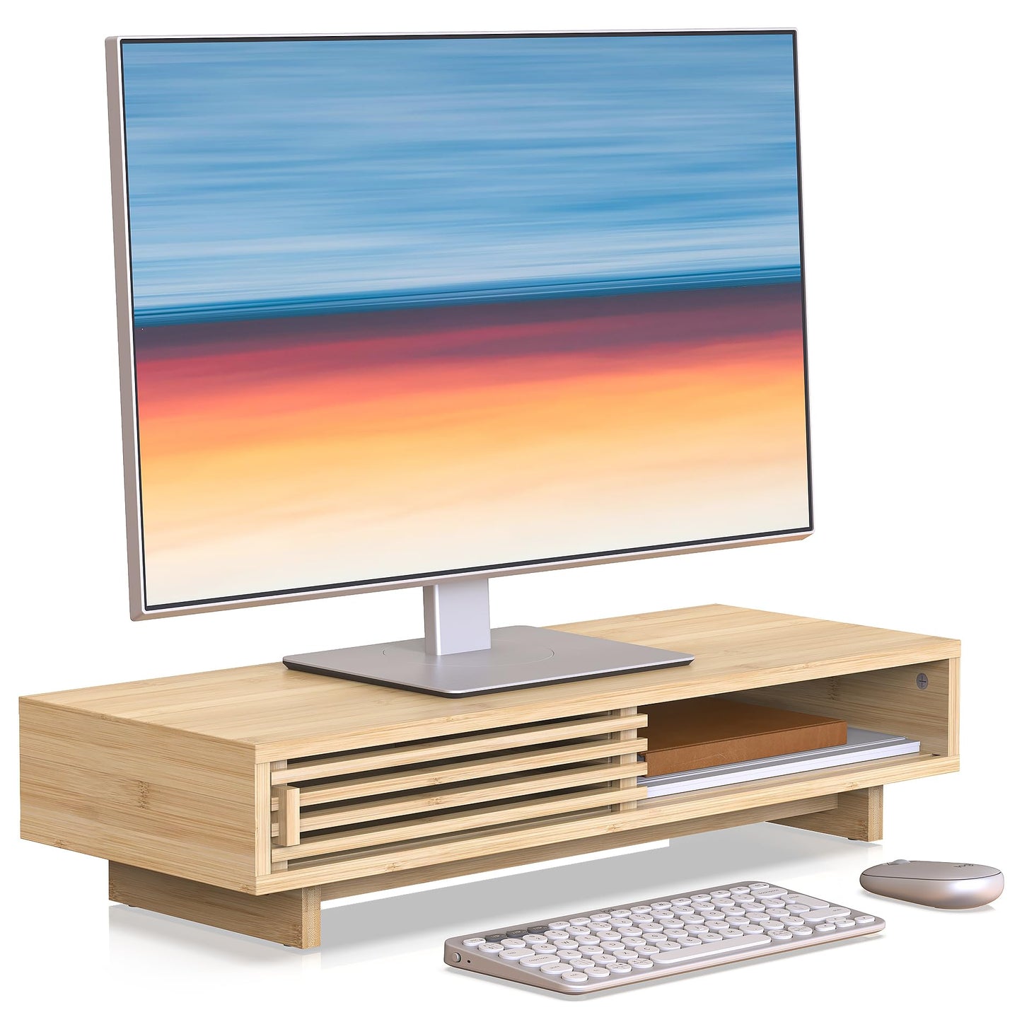 WELL WENG Monitor Stand Riser with Sliding Door, Computer Laptop Stand Desk Shelf Organizer with Storage (Natural Bamboo, 25 Inch)