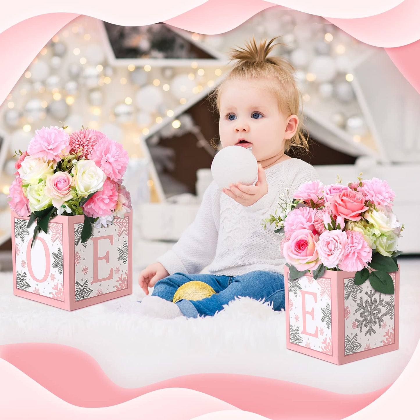 6 Pcs Winter Onederland Snowflake 1st Birthday Decorations Girl Boy Baby Shower Centerpiece One Flower Boxes for 1st First Birthday Decorations Baby Block Centerpieces for Tables