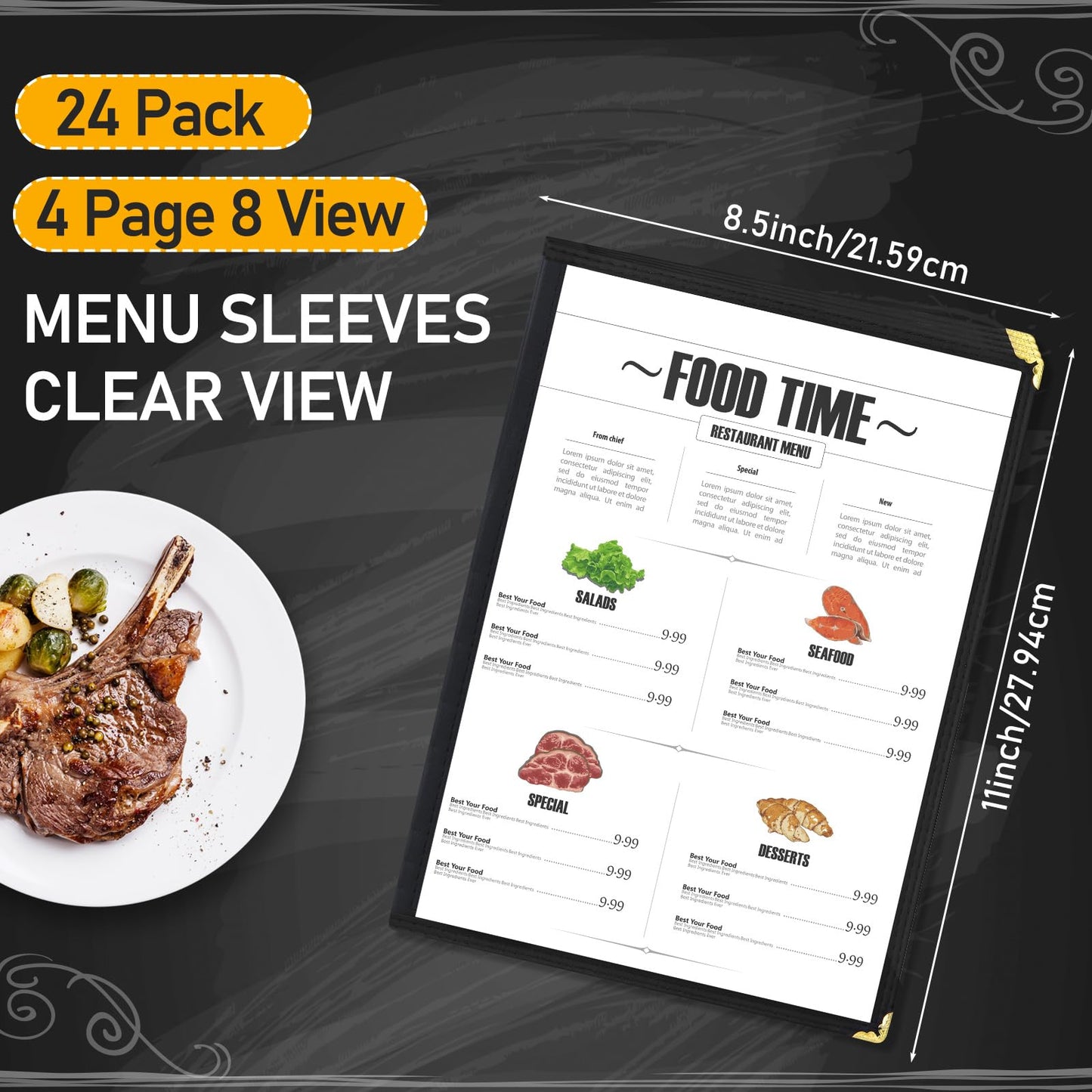 Cinnvoice 24 Pcs Restaurant Menu Covers 8.5 x 11 Inch Book Style 4 Page 8 View PVC Transparent Restaurant Menu Holder Book for Cafe Bar Hotel, Black