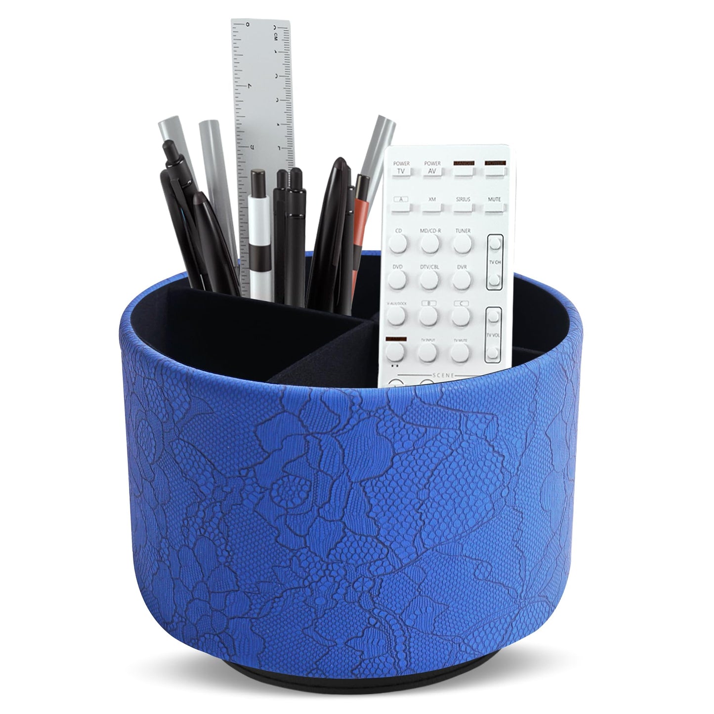 Lvkjafaz Round Leather Art Supply Organizer,Remote Control Holder,360 Degree Spinning,Multi-Functional Pencil Holder,4 Compartments Desktop Stationary Organizer(1-Lace Flower Blue)