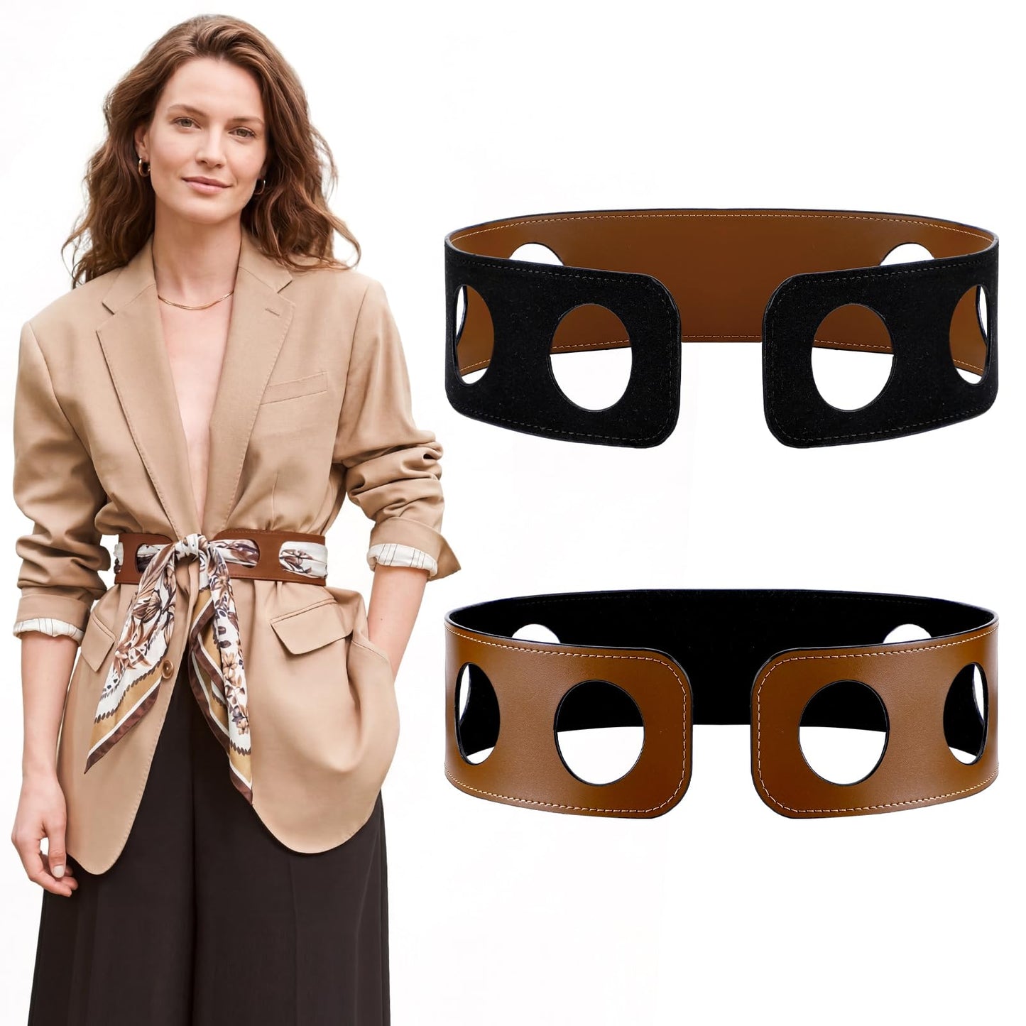 Twistover Reversible Scarf Waist Belt, Double Sided PU Leather Scarves Belt Accessory Wide Belts for Women Without Silk Scarf(Tan,35.4 Inches)