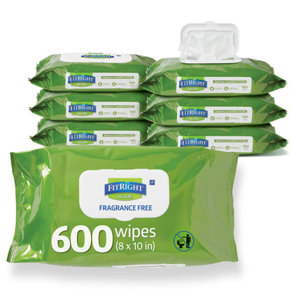 FitRight Personal Cleansing Wipes with Aloe 8x10 Unscented 600 Count