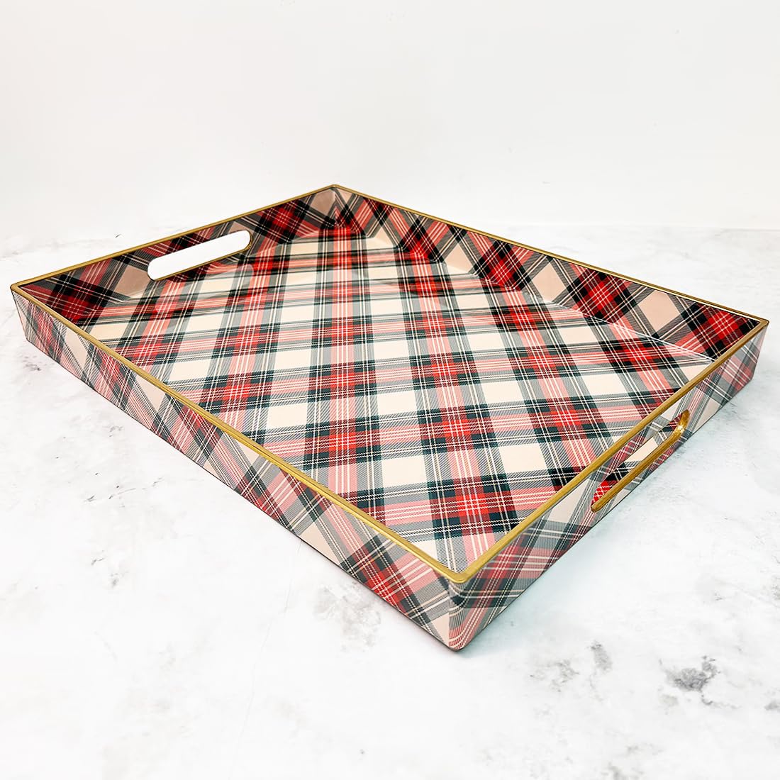 Umisriro Rectangular Decorative Tray with Handles, Plastic Serving Tray for Living Room, Home Decor, Christmas，15.7" x 11.8" Red Plaid