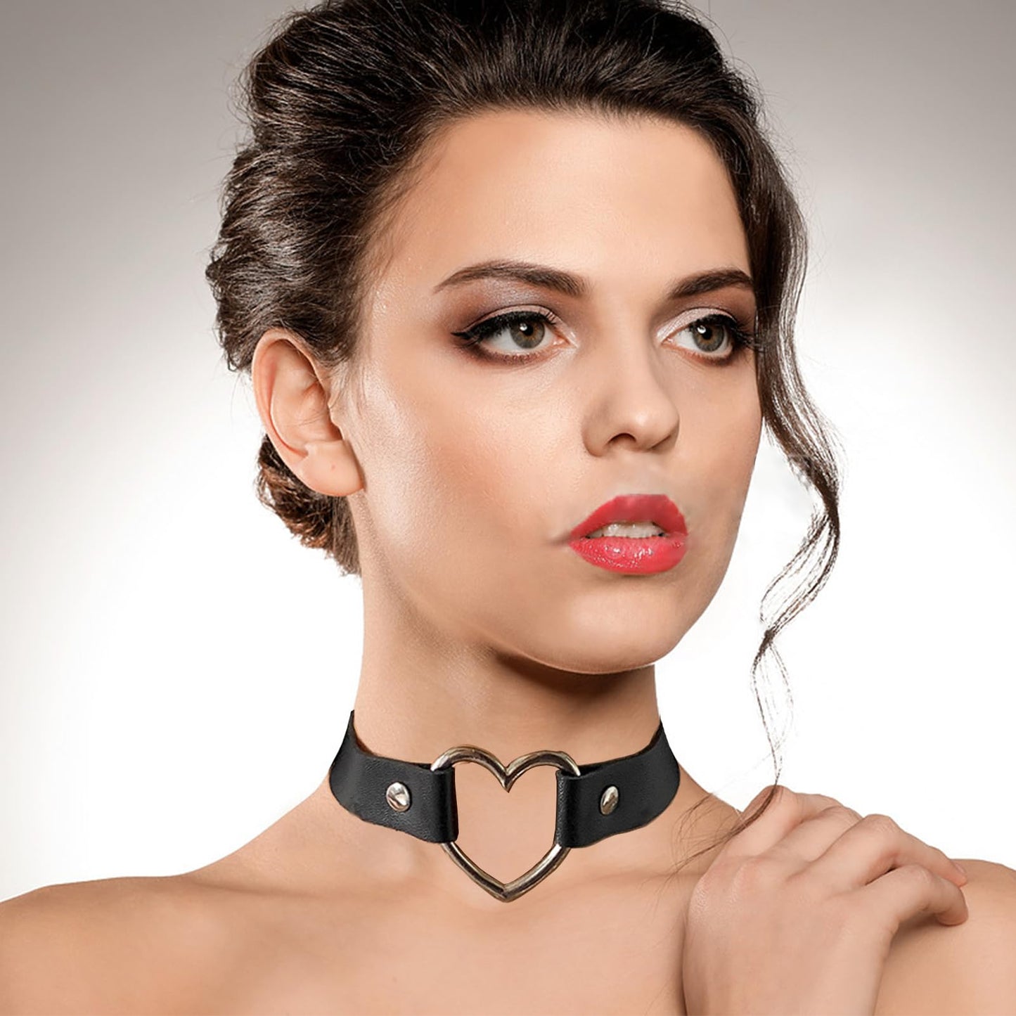 JHMAHON Halloween Sexy Women Lady Black Steampunk Gothic Goth Punk Rock Rivet Spike Studded Soft Leather Choker Collar Necklace Cosplay Night Club Party Costume Accessories Chocker Love Heart Jewelry