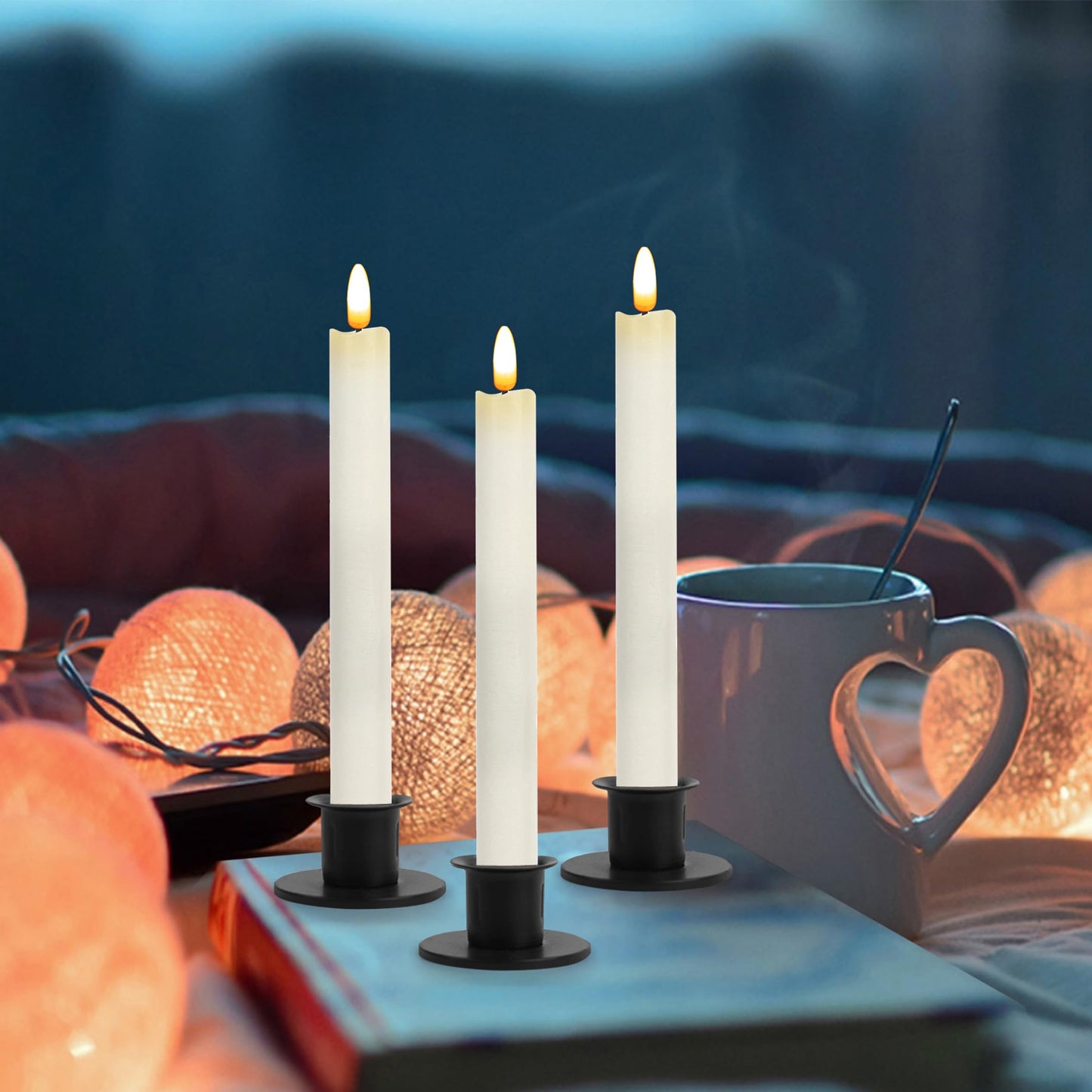 CVHOMEDECO. Real Wax Flameless Taper Candles with 10-Key Remote, Battery Operated Led Flickering 3D Wick Light Window Candles Home Christmas Party Decor 0.78 x 10 Inch, Pack of 3, Ivory