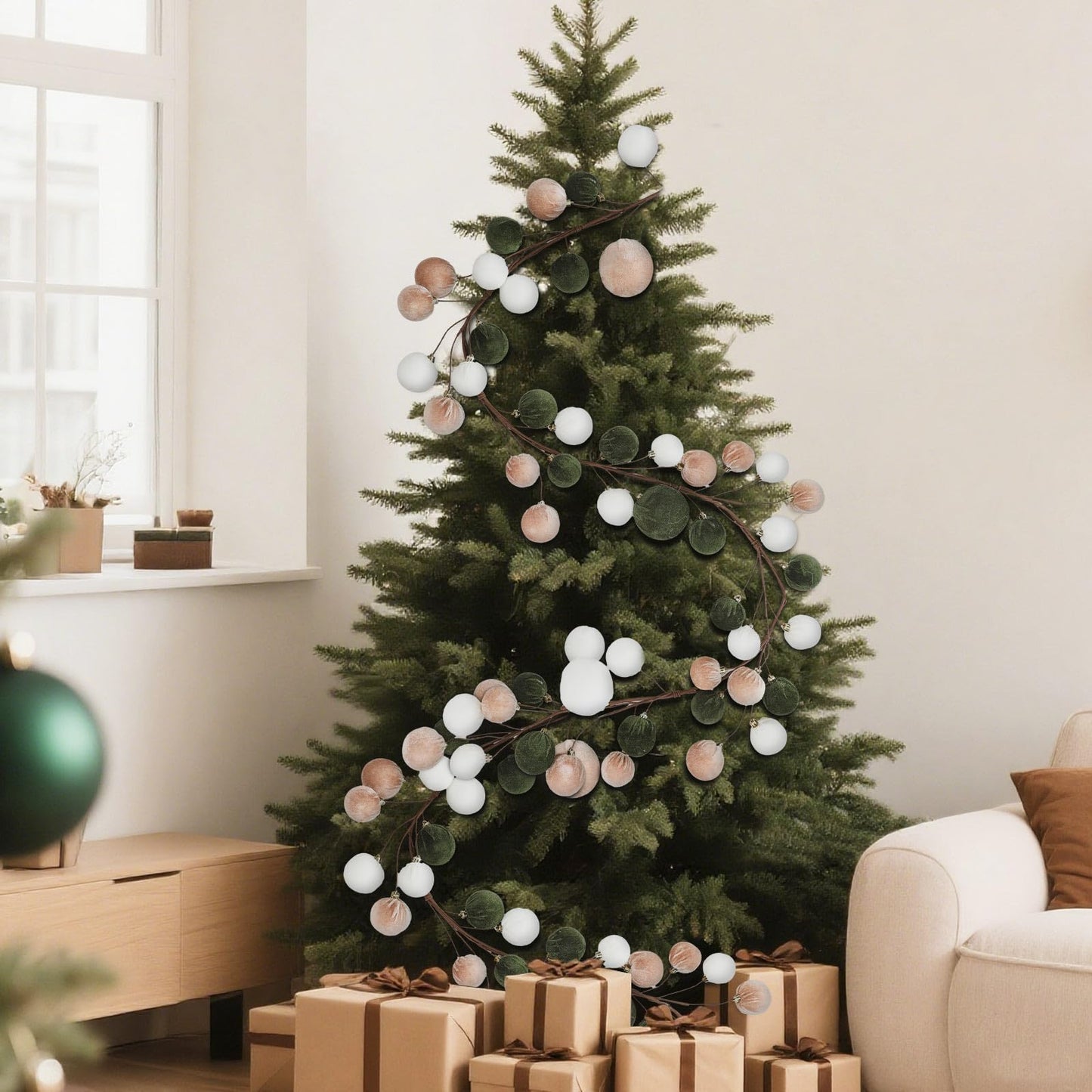 Simgoing 6 ft Christmas Ball Ornament Garland Christmas Bauble Hanging Ornament Neutral Velvet Bulb Ball Garland for Xmas Tree Table Mantel Staircase Indoor Outdoor Decor(White, Brown, Green)