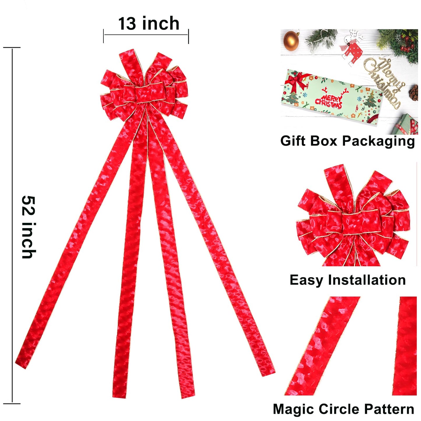 Christmas Tree Topper Christmas Wreath Bow, 52 * 13 inches Tree Toppers Bow with Grinding Ring Patterned Velvet Ribbon for Xmas Tree Christmas Rustic Farmhouse Home Holiday Party Decorations Red