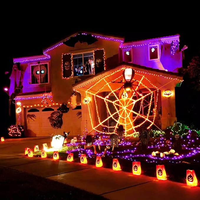 JMEXSUSS 168ft 600 LED Halloween Decor Lights Outdoor Clear Wire, Orange Purple String Lights Indoor Plug in,Halloween Lights for Tree Porch Yard Decorations