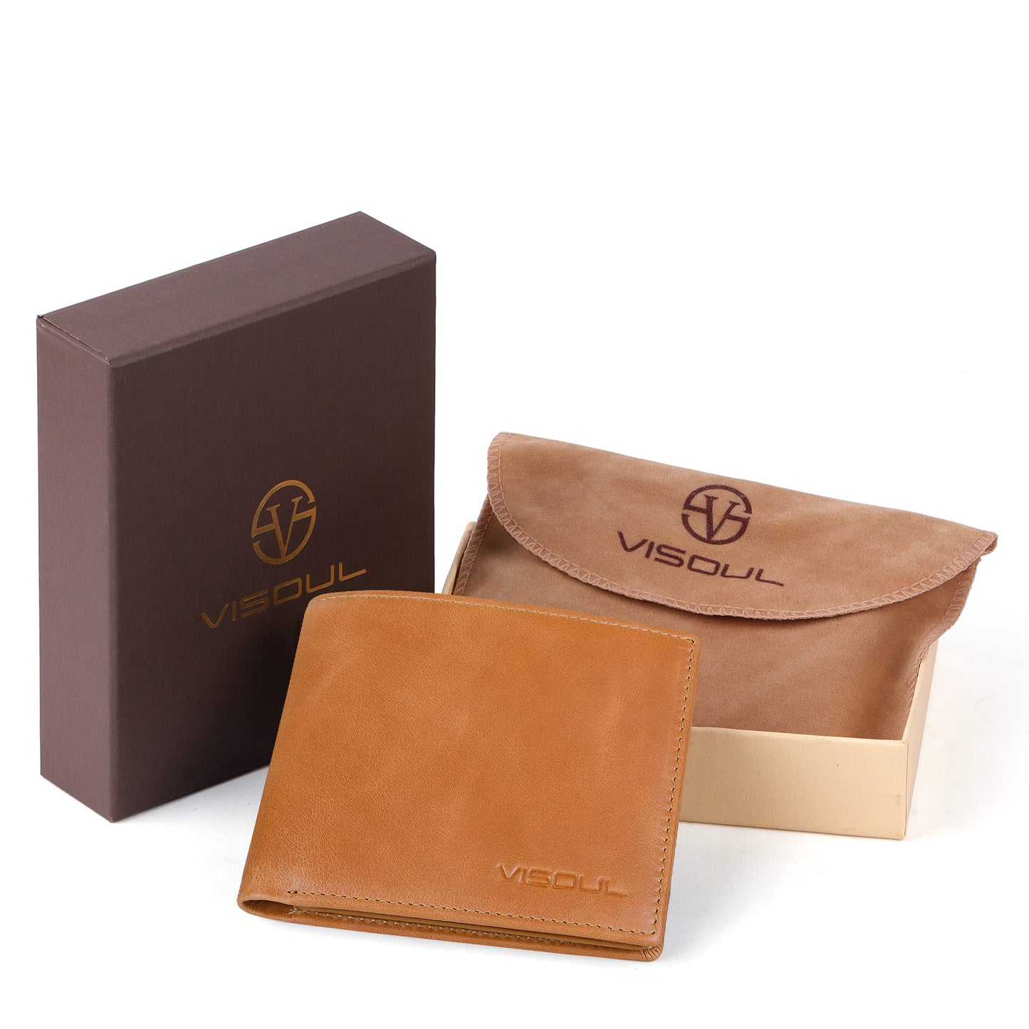 VISOUL Leather Mens Bifold RFID Blocking Wallet with 2 ID Windows, Leather Wallet for Men (Leather, Tan)