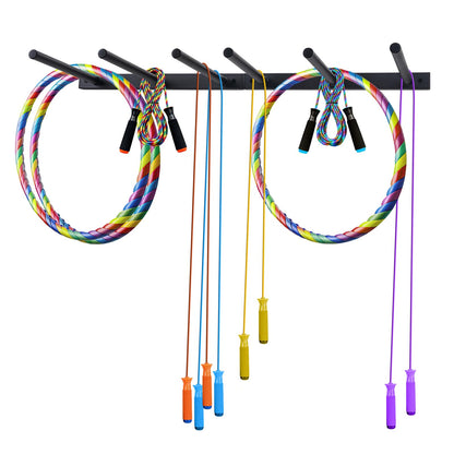 YOVXKAN Wall Mounted Jump Rope Rack - 6 Peg Heavy-Duty Metal Gym Organizer for Resistance Bands, Hoops, and Ropes - Black Finish - Home/Gym Storage