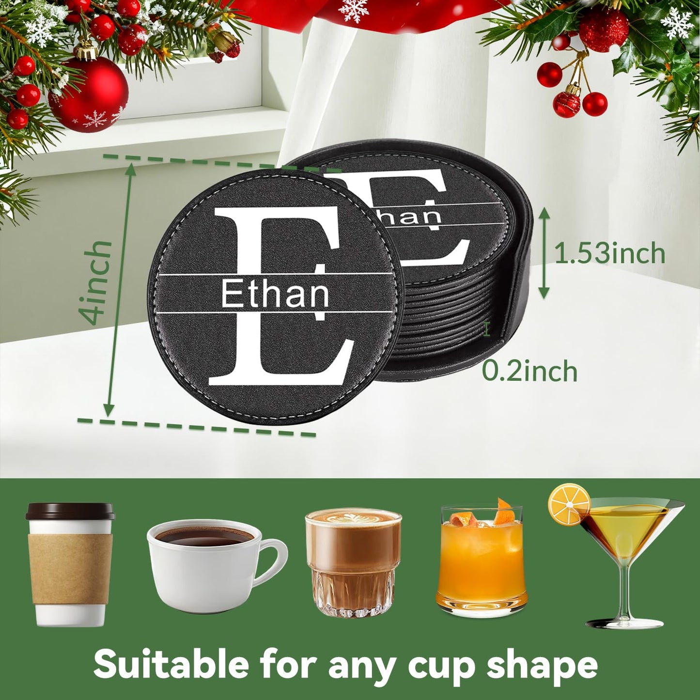 Custom Leather Coaster, Personalized Set of 6 Coasters for Drinks with Holder, DIY Logo Name Image, Durable, Non-Slip, Waterproof Leather Coaster for Home, Office, Bar, Cup Housewarming (Round)