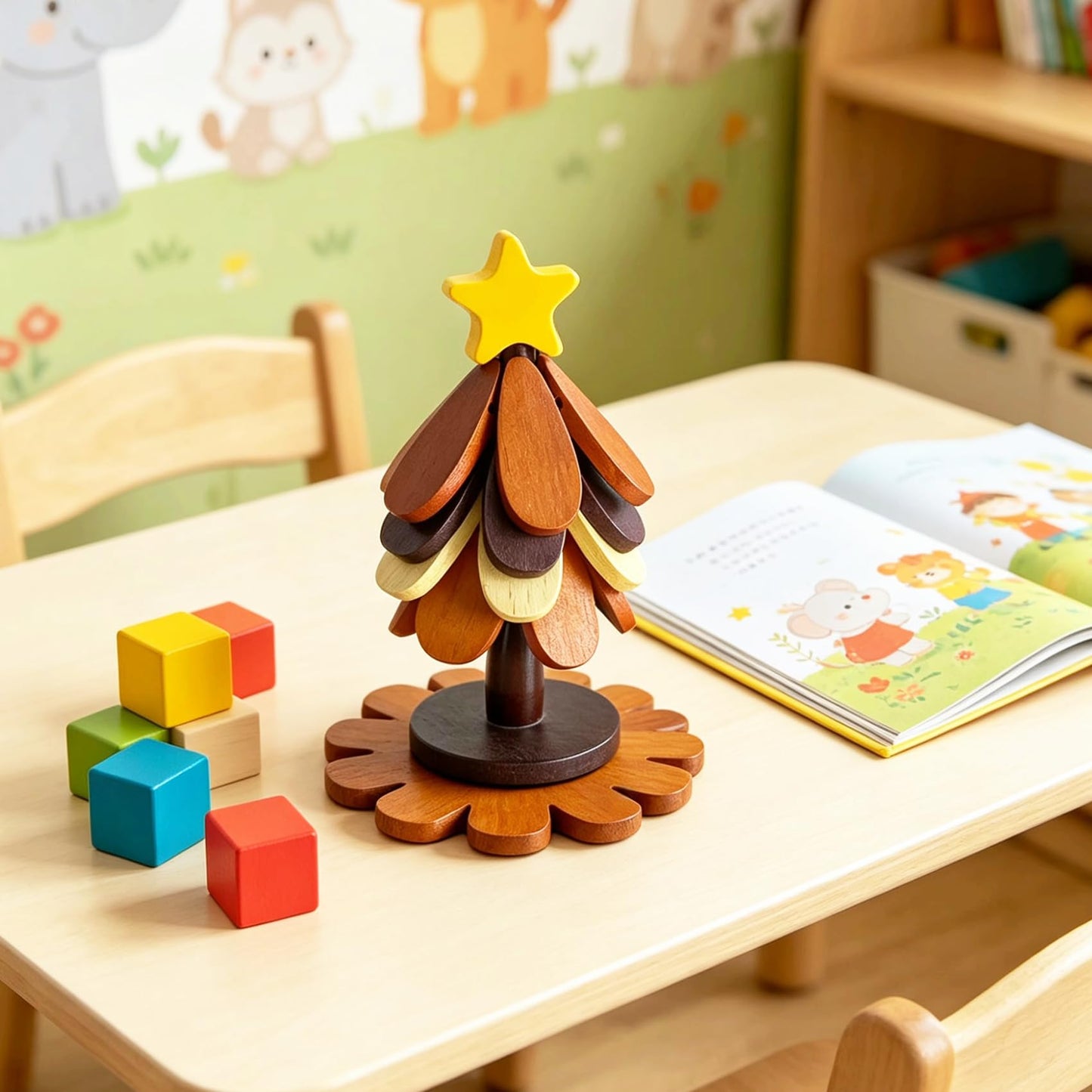 Wooden Christmas Tree Trivet Set of 4, Heat Resistant Coasters for Hot Dishes Pots Bowls, Star Top Holiday Table Decor for Home Kitchen