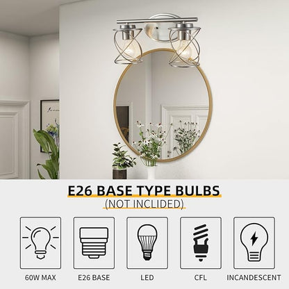 Mavcadonf Modern Vanity Lights - 2 Lights Over Mirror, Brushed Nickel with Cage Shade, Bathroom & Bedroom Wall Lamp